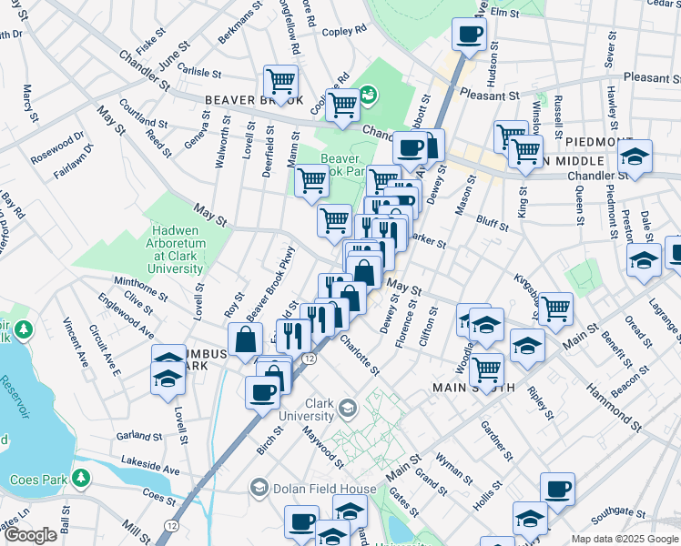 map of restaurants, bars, coffee shops, grocery stores, and more near 424 Massachusetts 9 in Worcester