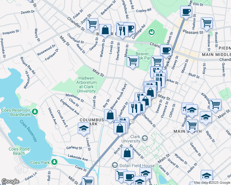 map of restaurants, bars, coffee shops, grocery stores, and more near 11 Roy Street in Worcester