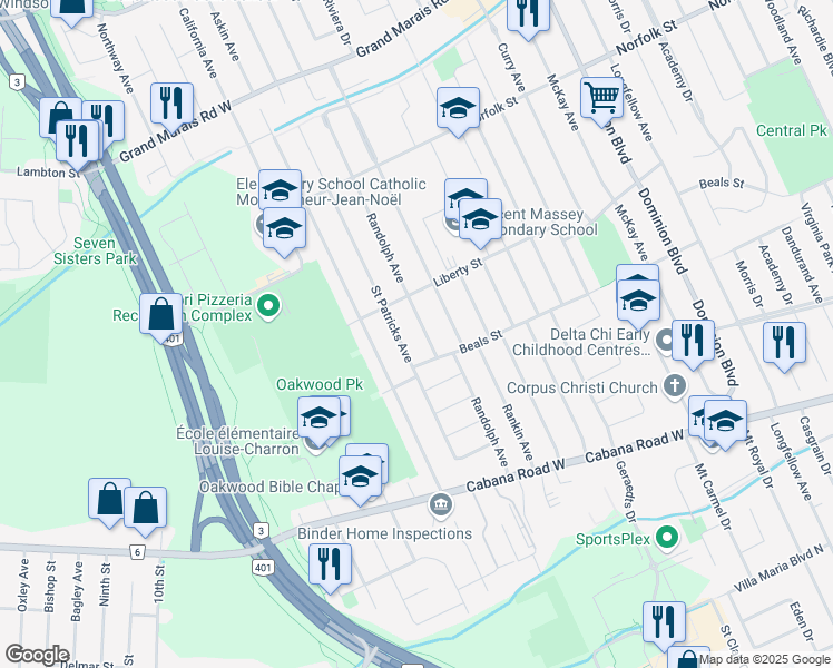 map of restaurants, bars, coffee shops, grocery stores, and more near 3490 Saint Patricks Avenue in Windsor
