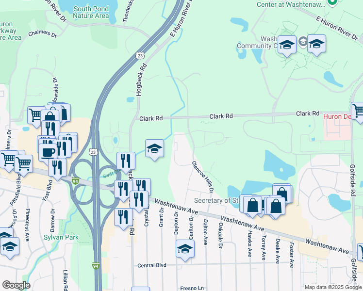 map of restaurants, bars, coffee shops, grocery stores, and more near 2148 Glencoe Hills Drive in Ann Arbor
