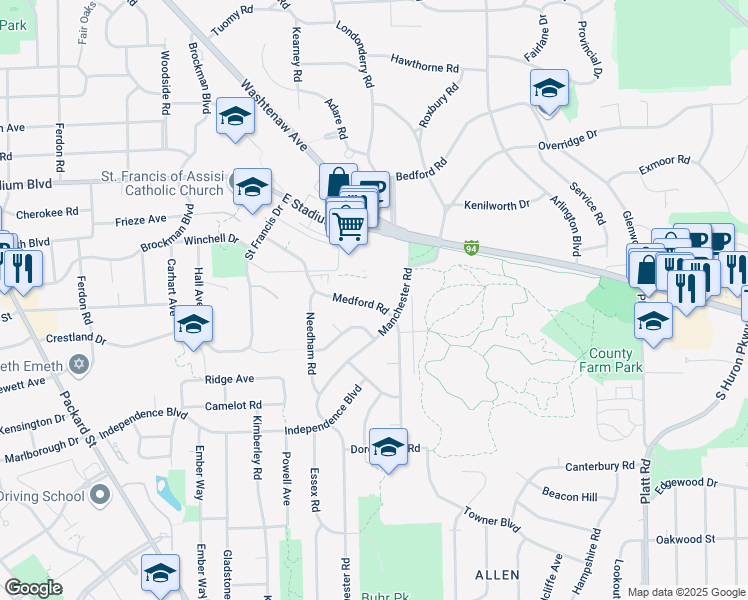map of restaurants, bars, coffee shops, grocery stores, and more near 2439 Buckingham Road in Ann Arbor
