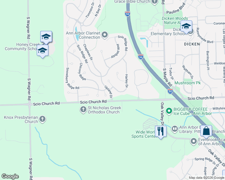 map of restaurants, bars, coffee shops, grocery stores, and more near 1976 Woodlily Court in Ann Arbor