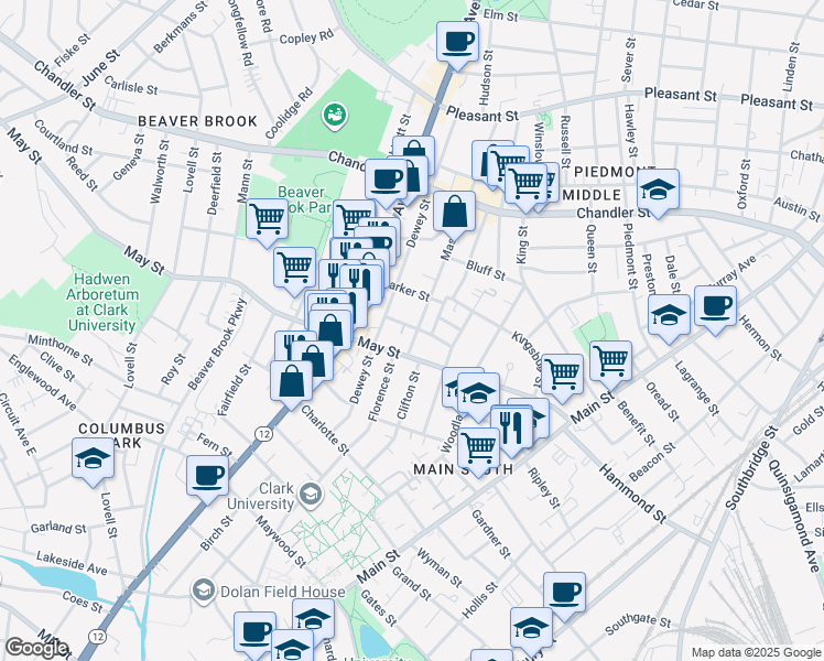 map of restaurants, bars, coffee shops, grocery stores, and more near 68 Mason Street in Worcester