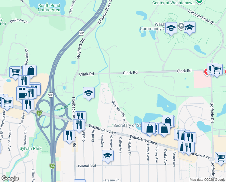 map of restaurants, bars, coffee shops, grocery stores, and more near 2167 Glencoe Hills Drive in Ann Arbor