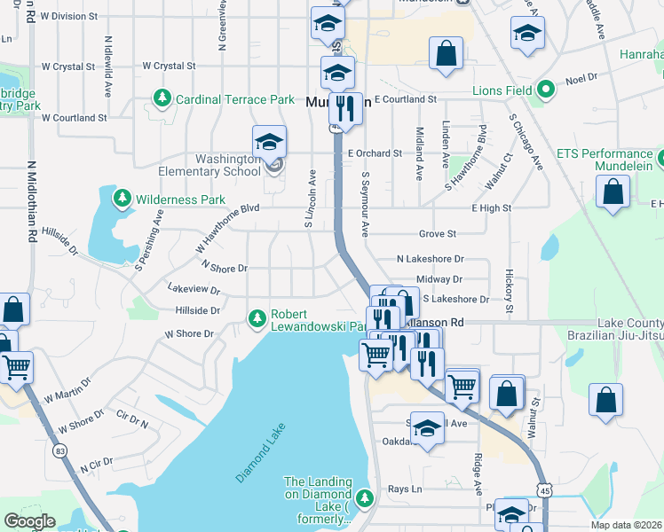 map of restaurants, bars, coffee shops, grocery stores, and more near 26 Lakeview Drive in Mundelein