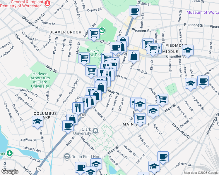 map of restaurants, bars, coffee shops, grocery stores, and more near 417 Park Avenue in Worcester