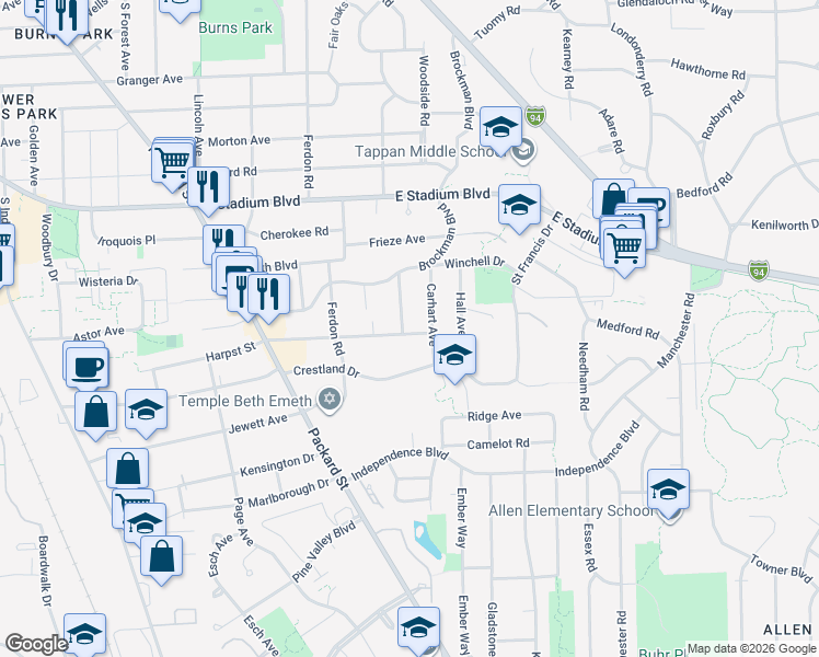 map of restaurants, bars, coffee shops, grocery stores, and more near 2112 Carhart Avenue in Ann Arbor