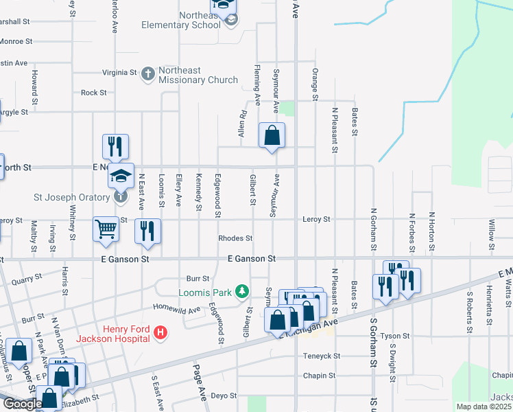 map of restaurants, bars, coffee shops, grocery stores, and more near 611 Gilbert Street in Jackson