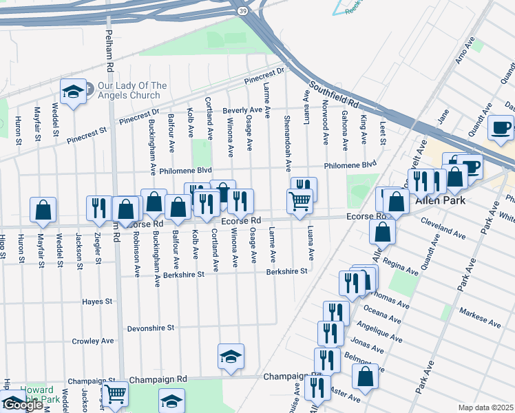 map of restaurants, bars, coffee shops, grocery stores, and more near 17211 Ecorse Road in Allen Park