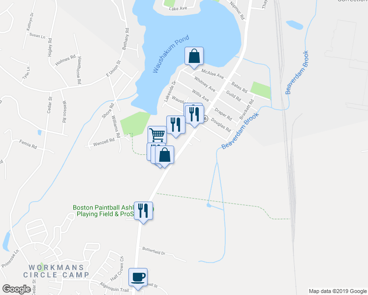 map of restaurants, bars, coffee shops, grocery stores, and more near 36 Pond St in Ashland