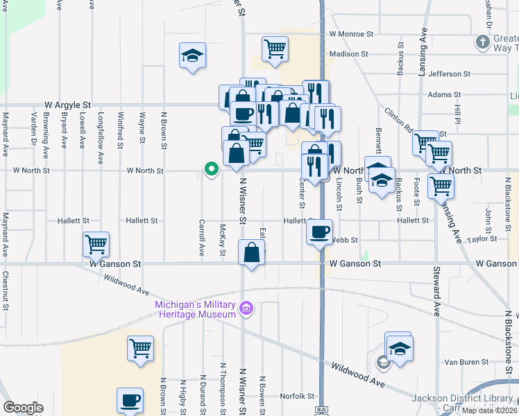 map of restaurants, bars, coffee shops, grocery stores, and more near 812 Eaton Street in Jackson