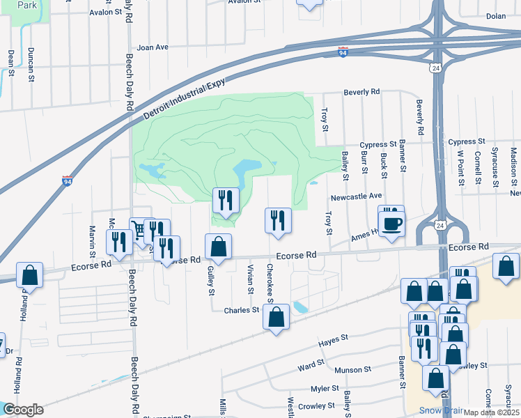 map of restaurants, bars, coffee shops, grocery stores, and more near 6750 Cherokee Street in Taylor