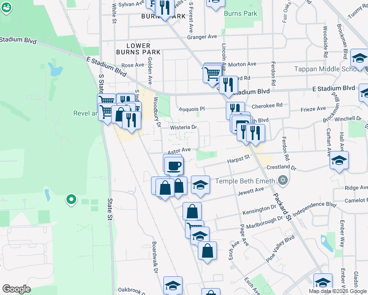 map of restaurants, bars, coffee shops, grocery stores, and more near 1310 Wisteria Drive in Ann Arbor
