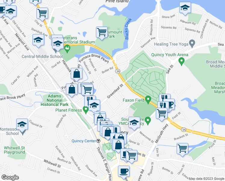 map of restaurants, bars, coffee shops, grocery stores, and more near 110 Putnam Street in Quincy