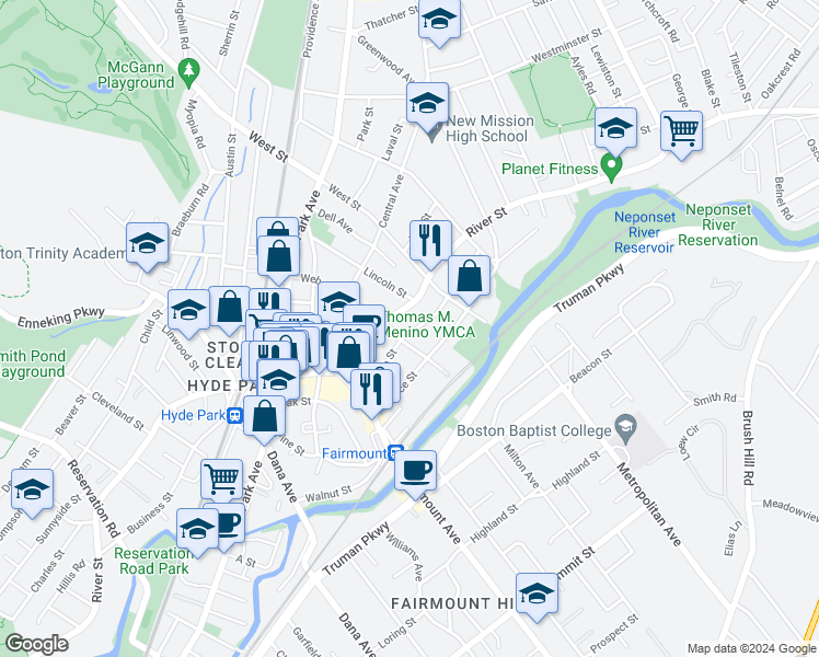 map of restaurants, bars, coffee shops, grocery stores, and more near 1082 River Street in Boston