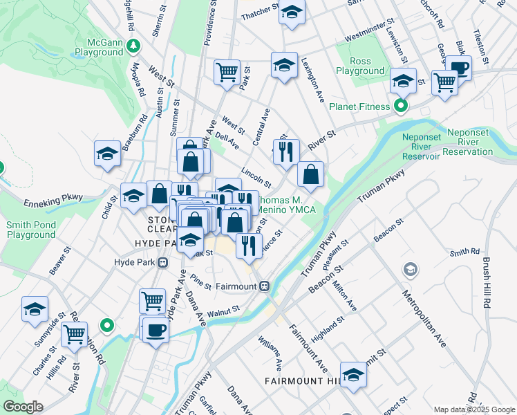 map of restaurants, bars, coffee shops, grocery stores, and more near 1109 River Street in Boston