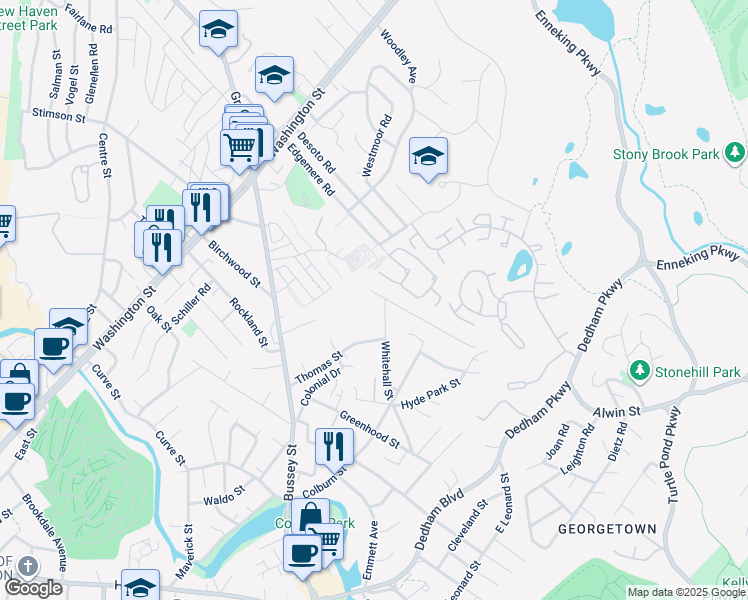 map of restaurants, bars, coffee shops, grocery stores, and more near 117 Ware Street in Dedham
