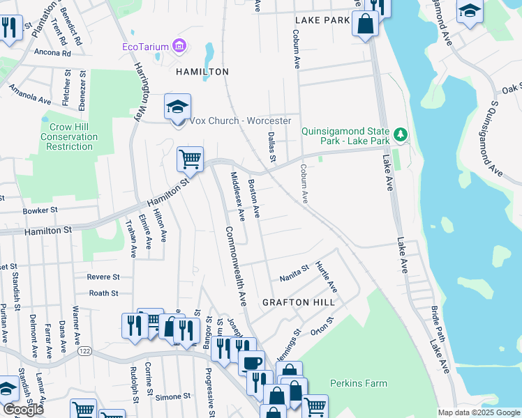 map of restaurants, bars, coffee shops, grocery stores, and more near 5 Elton Street in Worcester