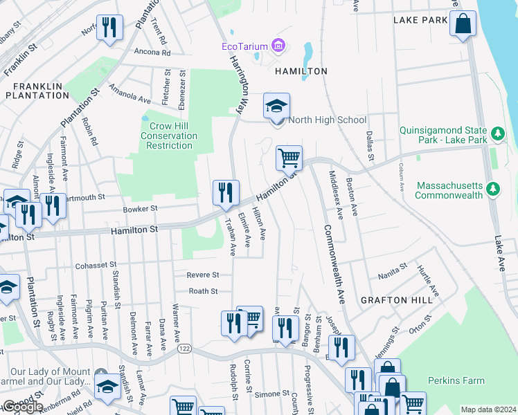 map of restaurants, bars, coffee shops, grocery stores, and more near in Worcester