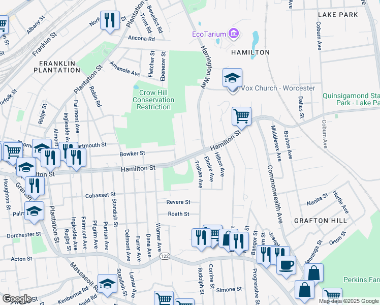 map of restaurants, bars, coffee shops, grocery stores, and more near 8 Gordon Street in Worcester