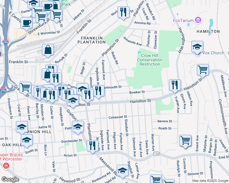 map of restaurants, bars, coffee shops, grocery stores, and more near 45 Dartmouth Street in Worcester