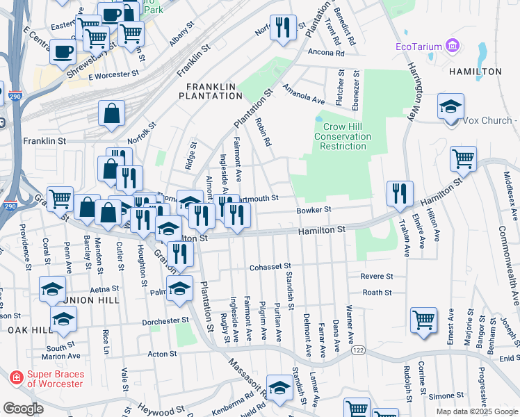 map of restaurants, bars, coffee shops, grocery stores, and more near 45 Dartmouth Street in Worcester