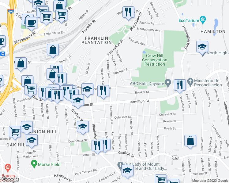 map of restaurants, bars, coffee shops, grocery stores, and more near 73 Fairmont Avenue in Worcester