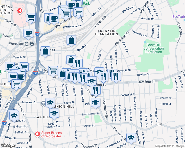 map of restaurants, bars, coffee shops, grocery stores, and more near 101 Plantation Street in Worcester