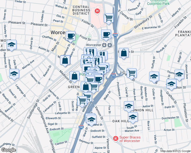 map of restaurants, bars, coffee shops, grocery stores, and more near 84 Green Street in Worcester