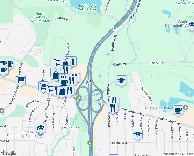 map of restaurants, bars, coffee shops, grocery stores, and more near in Ann Arbor