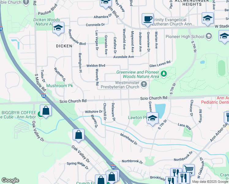 map of restaurants, bars, coffee shops, grocery stores, and more near 1726 Hanover Road in Ann Arbor