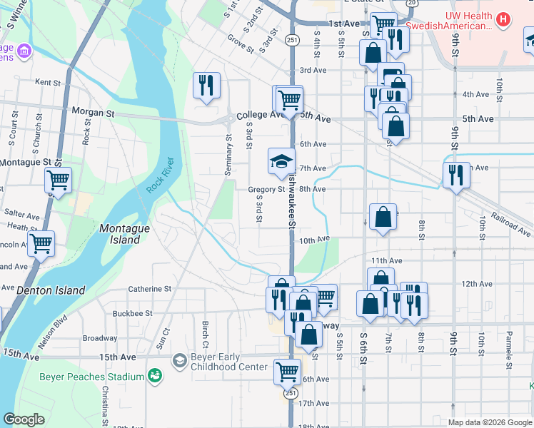 map of restaurants, bars, coffee shops, grocery stores, and more near 615 Gregory Street in Rockford