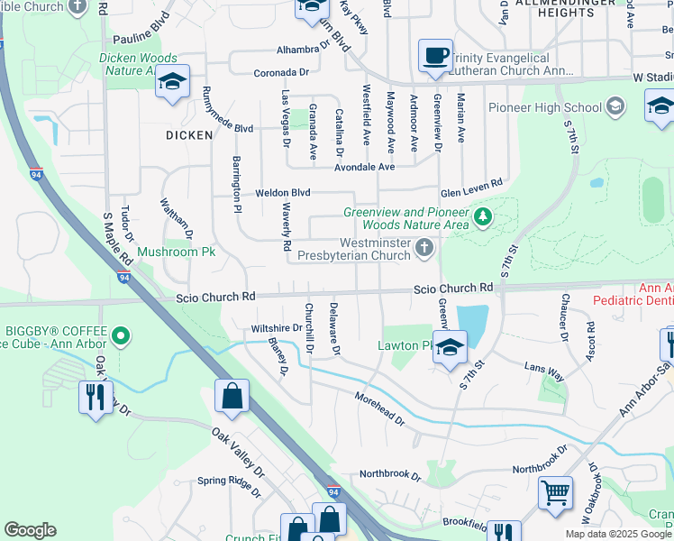 map of restaurants, bars, coffee shops, grocery stores, and more near 1726 Hanover Road in Ann Arbor