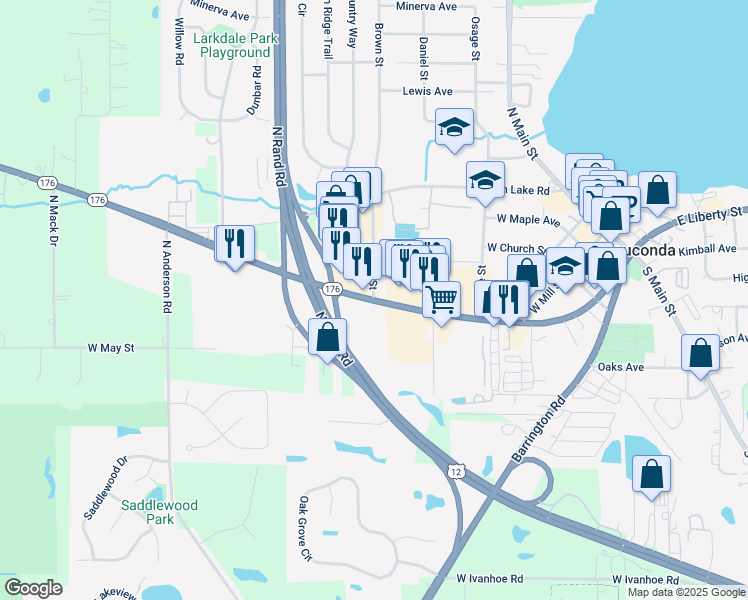 map of restaurants, bars, coffee shops, grocery stores, and more near 499 West Liberty Street in Wauconda