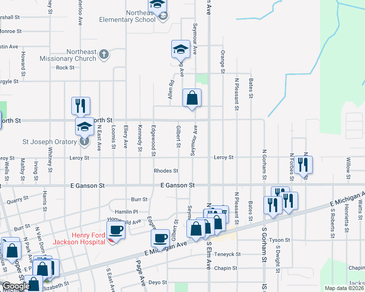 map of restaurants, bars, coffee shops, grocery stores, and more near 623 Gilbert Street in Jackson
