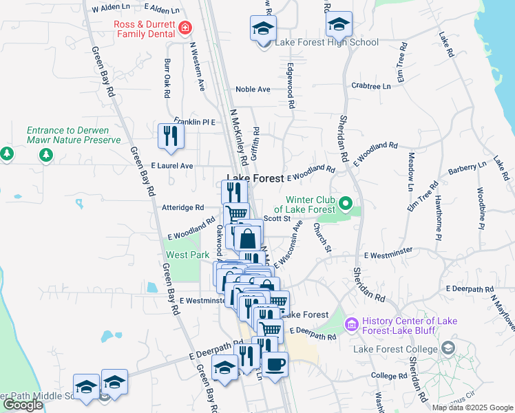 map of restaurants, bars, coffee shops, grocery stores, and more near 977 North McKinley Road in Lake Forest