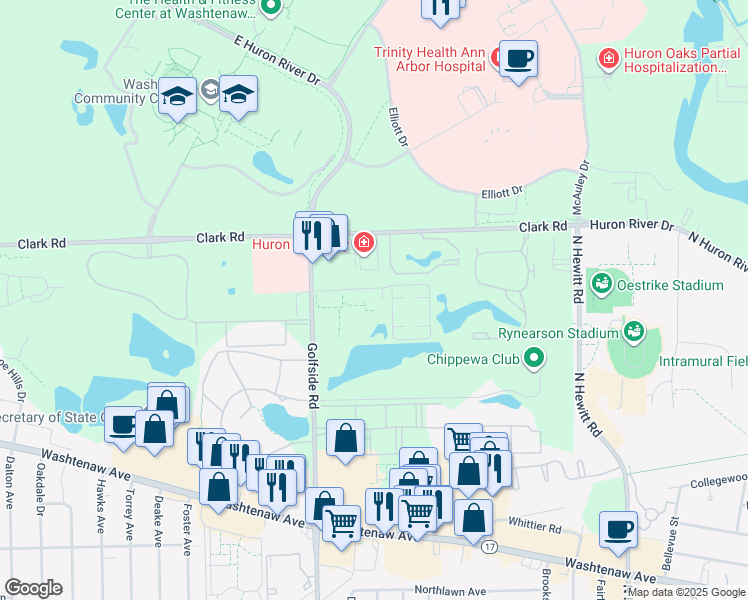 map of restaurants, bars, coffee shops, grocery stores, and more near 2901 Bynan Drive in Ypsilanti
