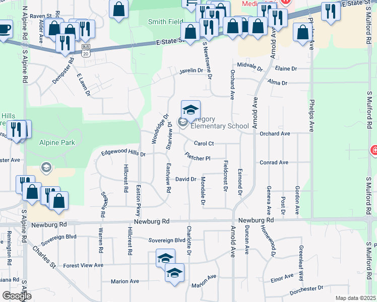 map of restaurants, bars, coffee shops, grocery stores, and more near 4920 Fletcher Place in Rockford
