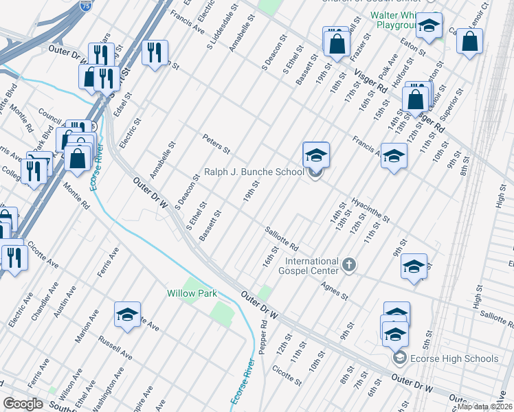 map of restaurants, bars, coffee shops, grocery stores, and more near 3988 18th Street in Ecorse