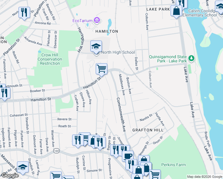 map of restaurants, bars, coffee shops, grocery stores, and more near 23 Harold Street in Worcester
