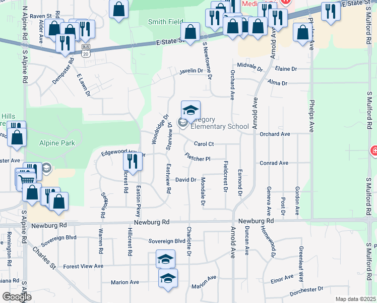 map of restaurants, bars, coffee shops, grocery stores, and more near 4920 Fletcher Place in Rockford