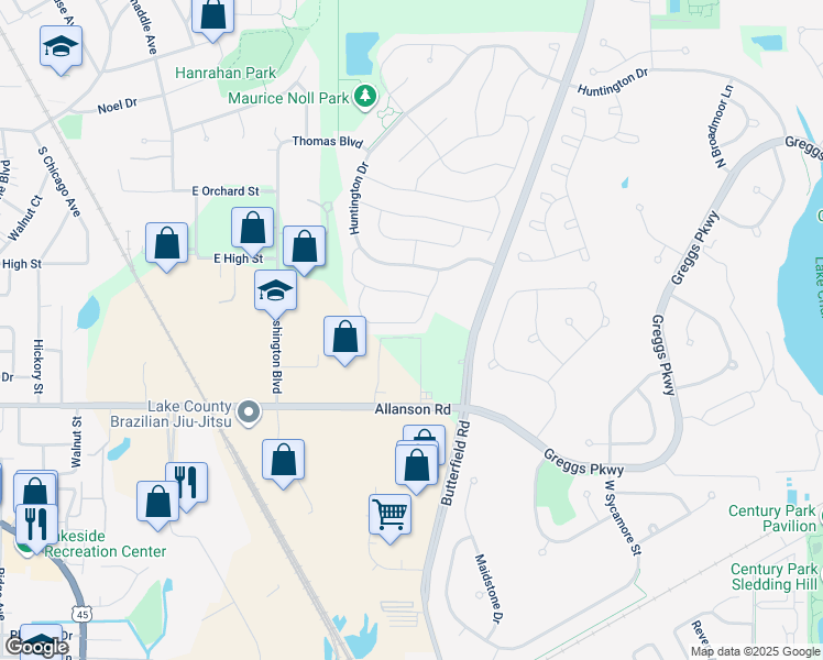 map of restaurants, bars, coffee shops, grocery stores, and more near 1212 Ballantrae Place in Mundelein