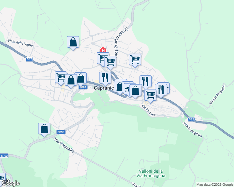 map of restaurants, bars, coffee shops, grocery stores, and more near 15 Viale Nardini in Capranica