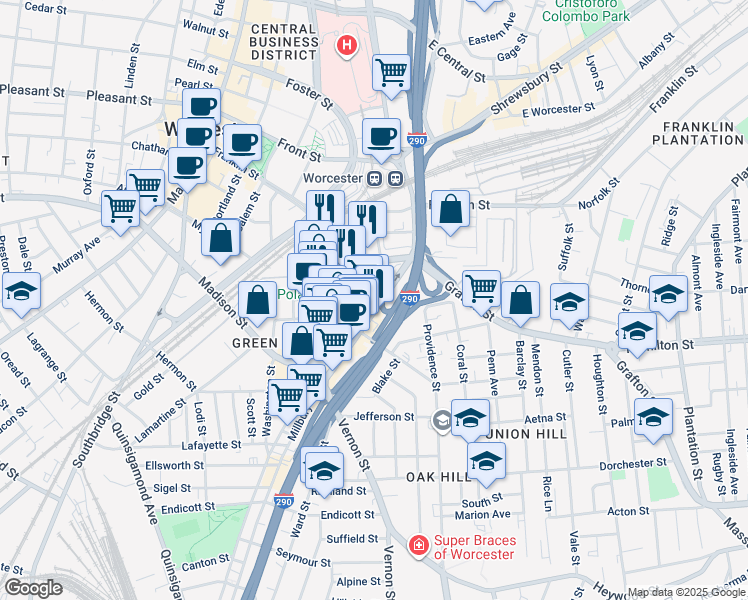 map of restaurants, bars, coffee shops, grocery stores, and more near 112 Harding Street in Worcester