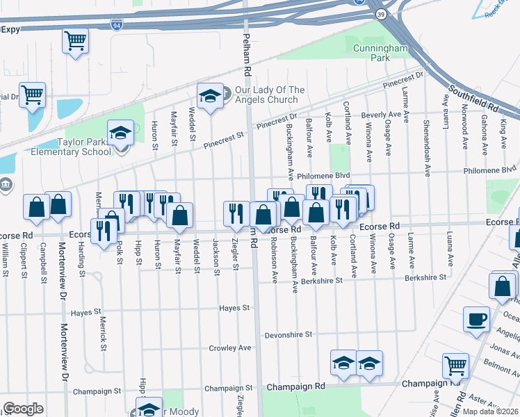 map of restaurants, bars, coffee shops, grocery stores, and more near 6754 Robinson Avenue in Allen Park