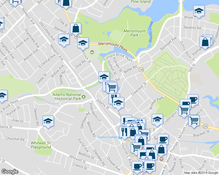 map of restaurants, bars, coffee shops, grocery stores, and more near 34 Butler Road in Quincy