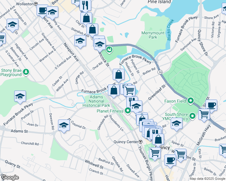 map of restaurants, bars, coffee shops, grocery stores, and more near 421 Furnace Brook Parkway in Quincy