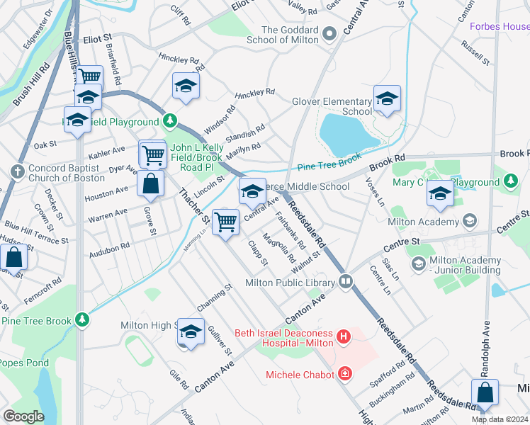 map of restaurants, bars, coffee shops, grocery stores, and more near 434 Central Avenue in Milton