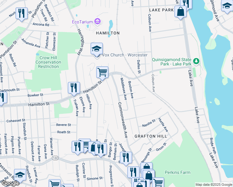 map of restaurants, bars, coffee shops, grocery stores, and more near 14 Commonwealth Avenue in Worcester