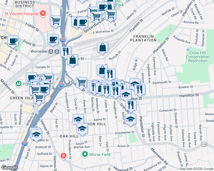 map of restaurants, bars, coffee shops, grocery stores, and more near 65 Suffolk Street in Worcester